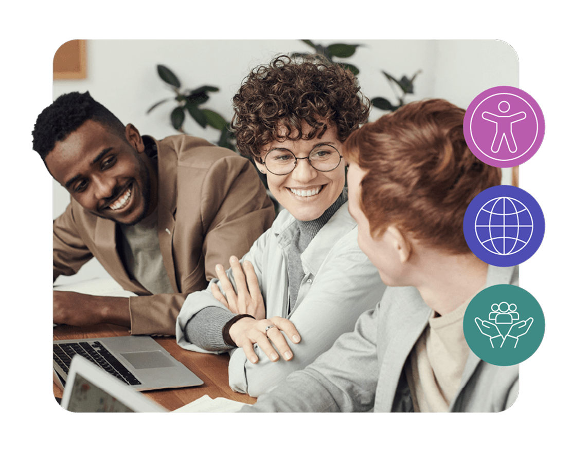 Three people collaborating at a table with laptops. Accessibility icons for universal access, web accessibility, and inclusivity are displayed on the right.